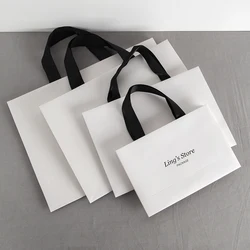 Custom Logo Lovely Paper Shopping Tote Jewelry Bag With Black Ribbon Gift Packaging Makeup Daily Use Carry Boutique Handle Pouch