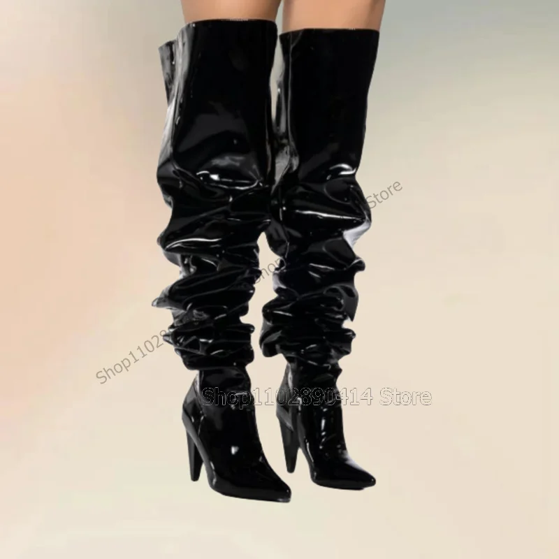 

Black Pleated Design Tapered Heel Pointed Toe Boots Slip On Women Shoes Thigh High Novel Fashion Party 2023 Zapatos Para Mujere