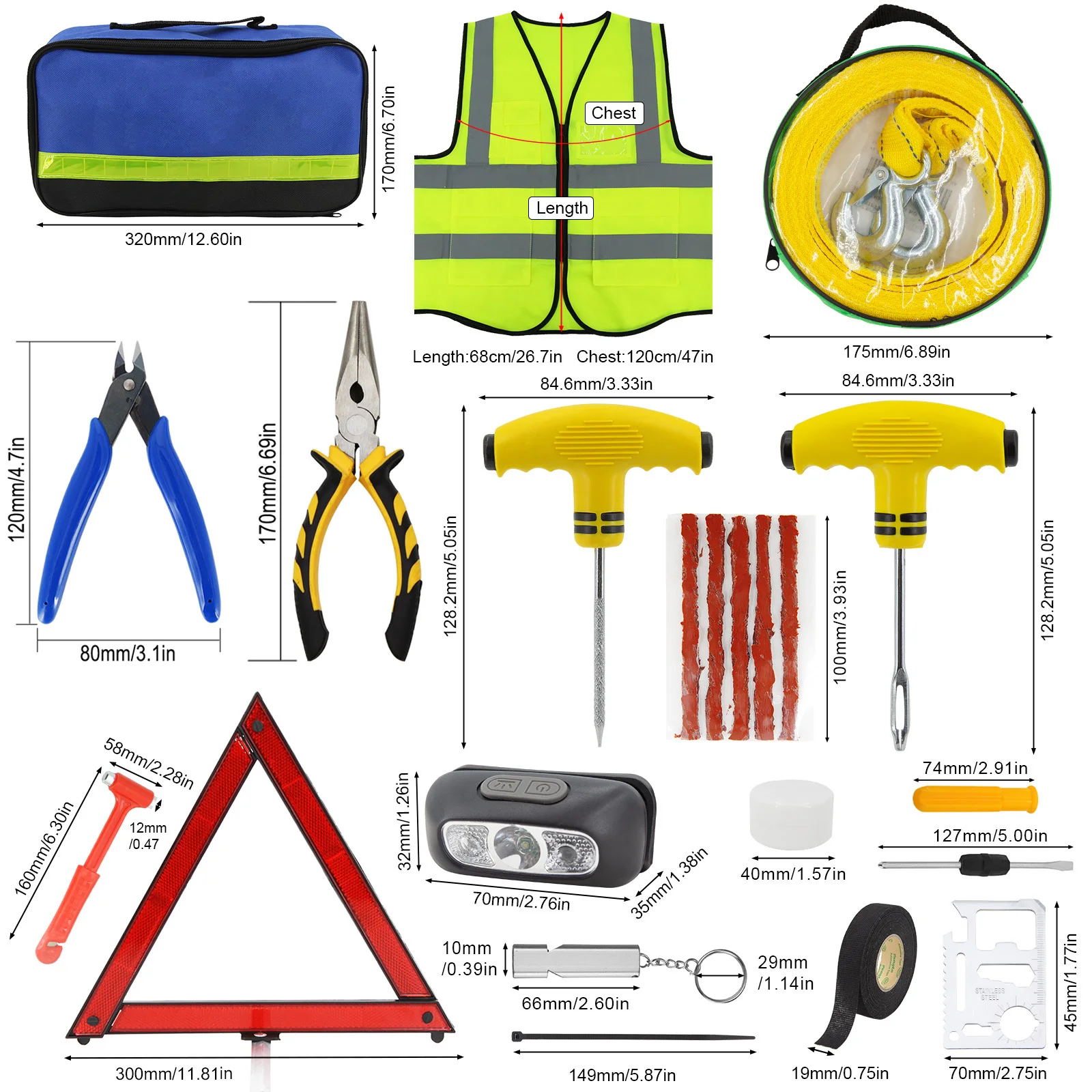 Car Roadside Emergency Kit Tire Repair Tow Strap Pliers Headlamp Reflective Vest Triangle Tape Safety Hammer Assistance Tool