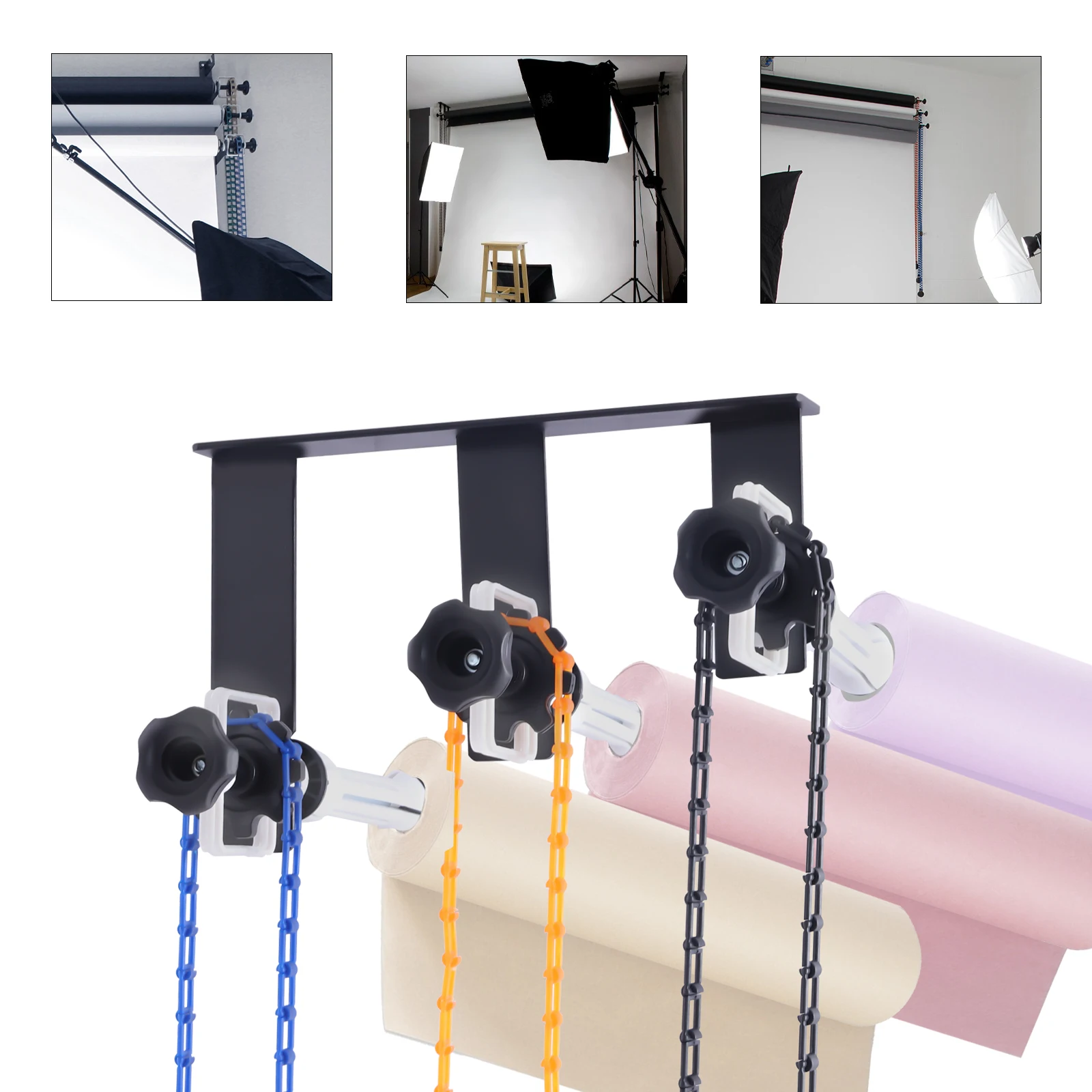 Photography 3 Roller Wall Mounting Manual Background Support System, IncludIng Six(6) Expand Bars, Three(3) Chains