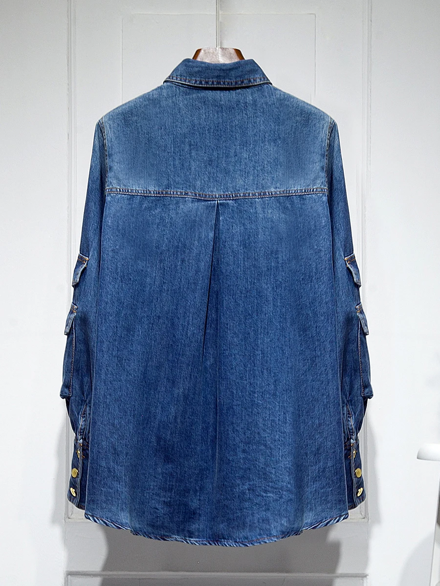 StreetWear Pocket Lapel Mid-Length Denim Shirt Top Women 2022 Spring New Clothes Loose Slimming All-Matching Blue Blouse Coat