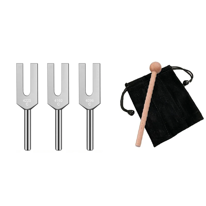 Angel Tuning Fork Set - 4096 Hz, 4160 Hz, 4225 Hz - Therapeutic Instrument Set With Wooden Strike And Storage Bag