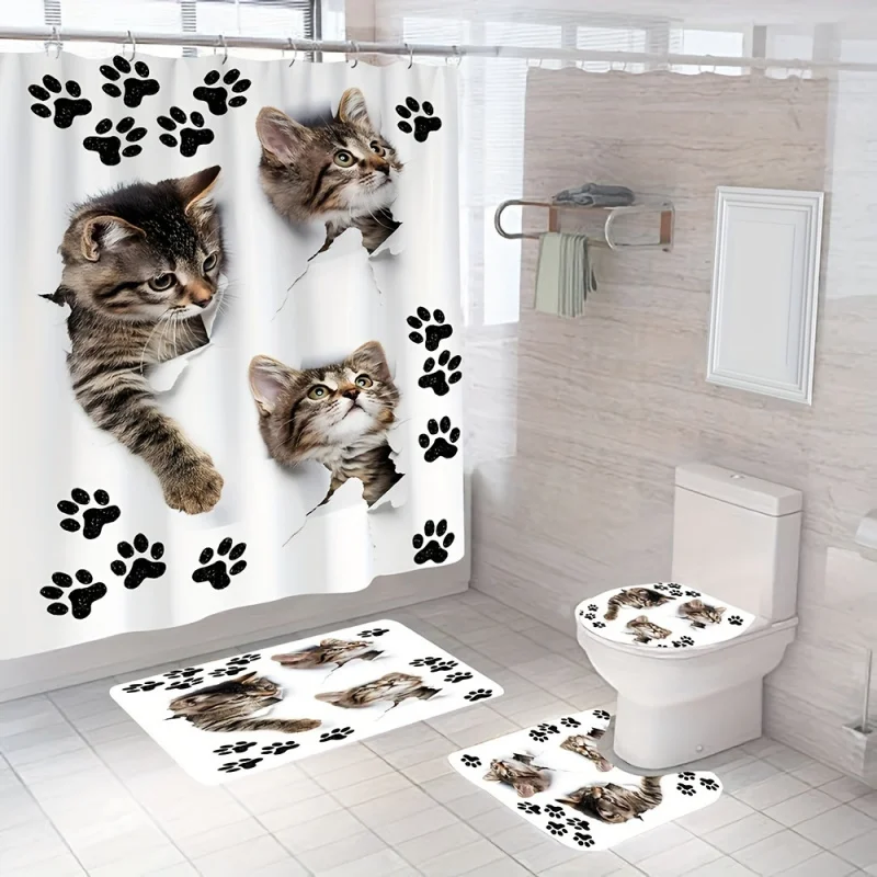 1/4PCs cat paw pattern set, waterproof shower curtain with 12 hooks, non-slip bath rug, U-shape mat, toilet lid C