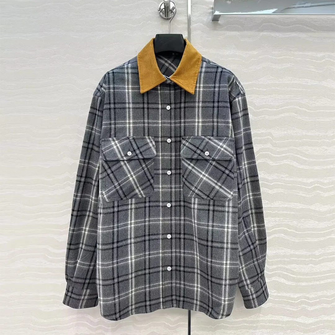 

New Spring Preppy Style Gray Plaid Pattern Loose Shirt Women Corduroy Spliced Lapel Long Sleeve Froont Pocket Retro Long Blouse