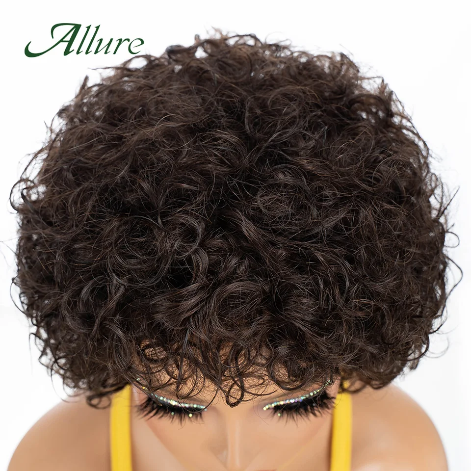 

Brazilian Pixie Human Hair Wigs For Black Women Kinky Curly Hair Wig With Bangs Natural Black 8 inch Short Hair Wigs Allure