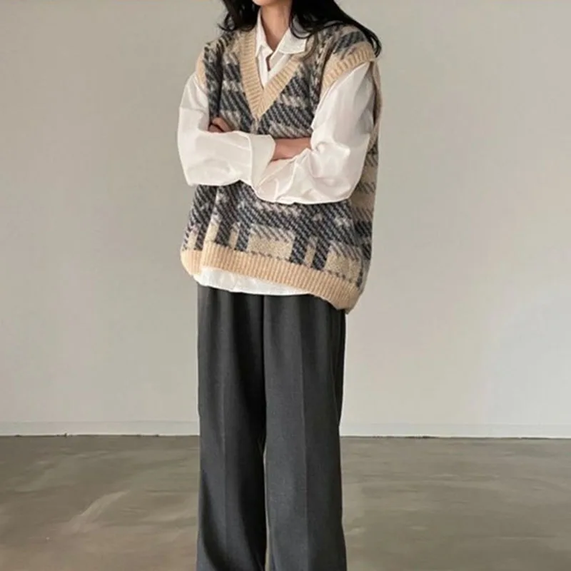 سترة كلاسيكية منقوشة سترة للنساء الكورية الخامس الرقبة أكمام البلوز البلوزات السيدات Harajuku Y2K المرقعة محبوك صدرية