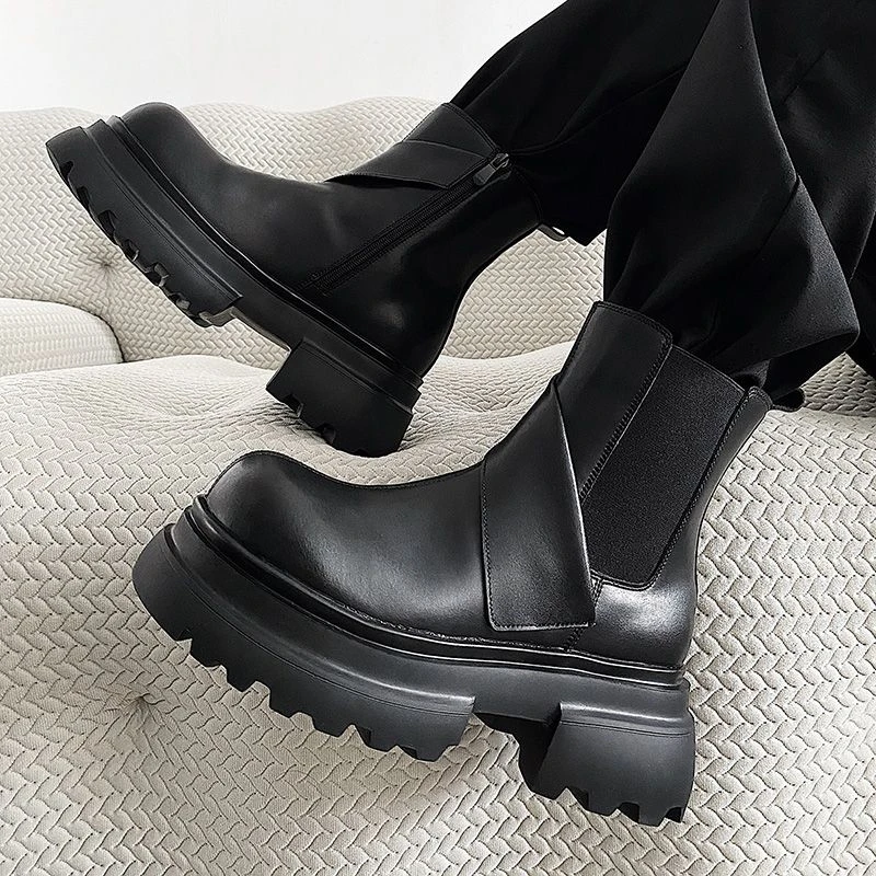 men fashion punk rock high chelsea boots slip-on natural leather shoes cowboy platform boot designer autumn winter long botas