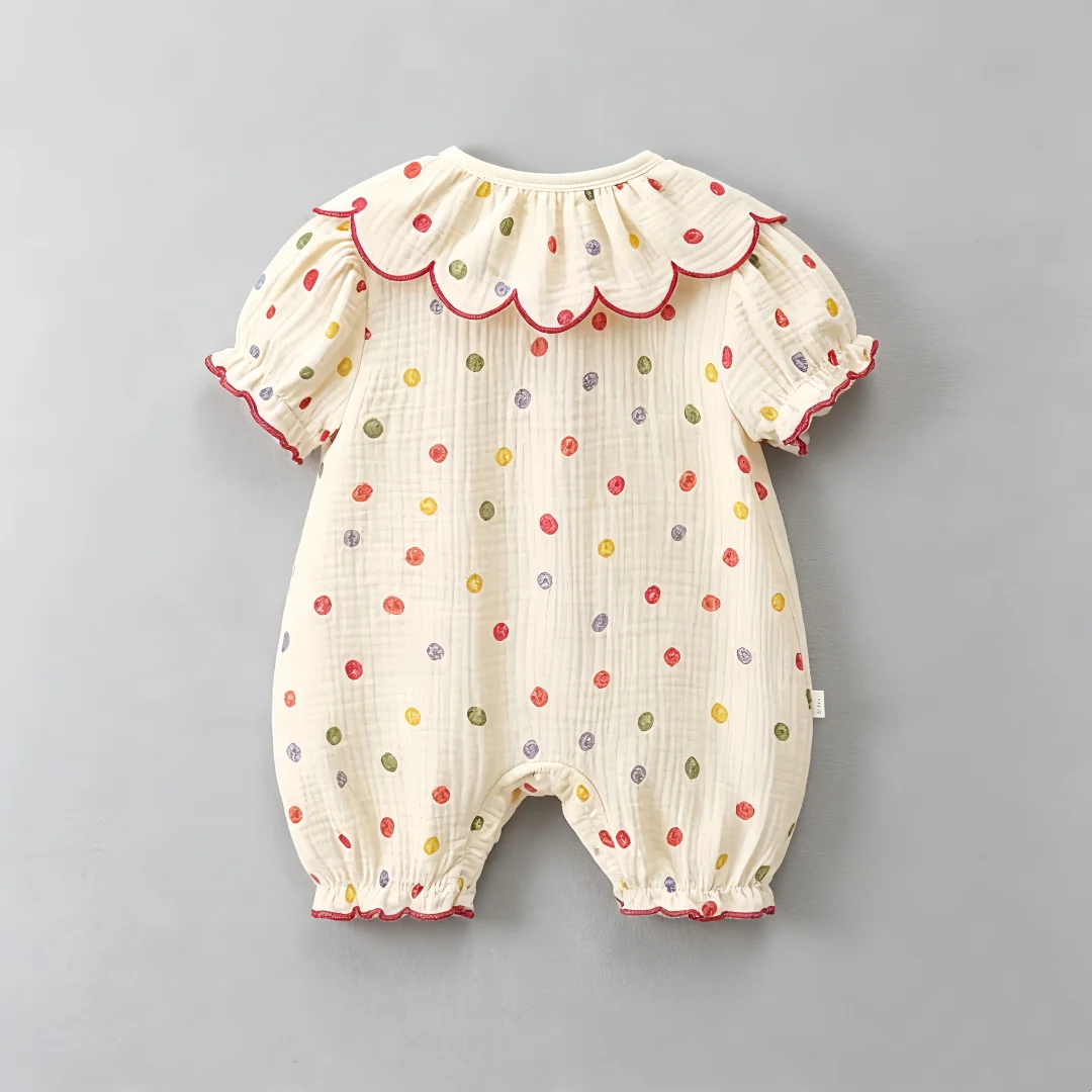 Summer Sweet Style Girls Toddler Bodysuit Dot Print Tulip Applique Ruffle Peter Pan Collar Baby Jumpsuit Thin Soft Baby Romper
