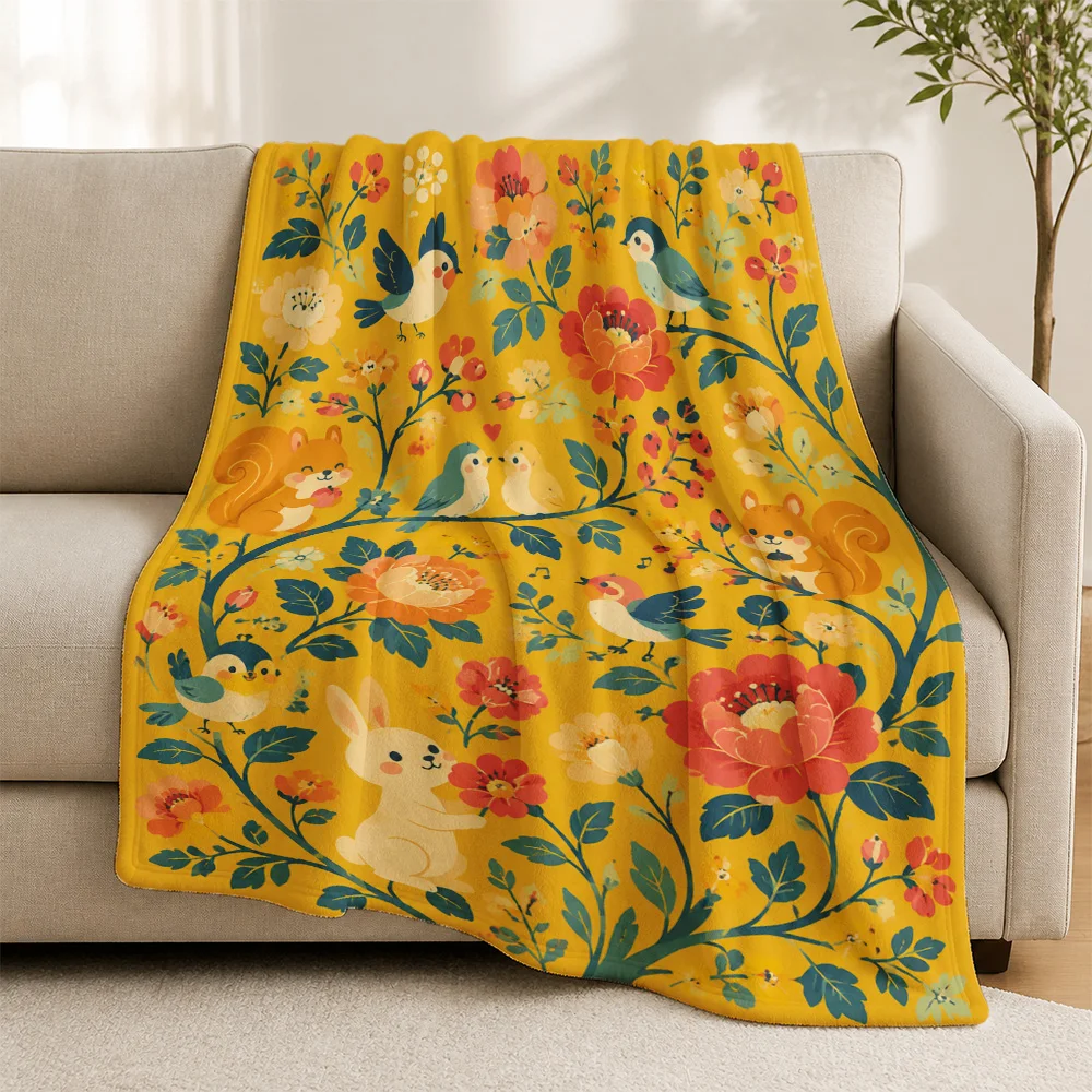 Whimsical Floral Throw Blanket for Sofa Couch Decor Spring Summer Yellow Pattern Animal Print Cottagecore Cozy Decorative Throw