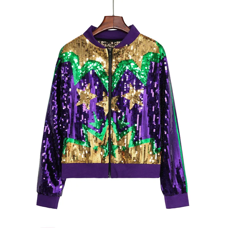 

2025 Autumn New Fashion Sequined Women Long Sleeved Jacket Simple Baseball Collar Female Casual Christmas Coat