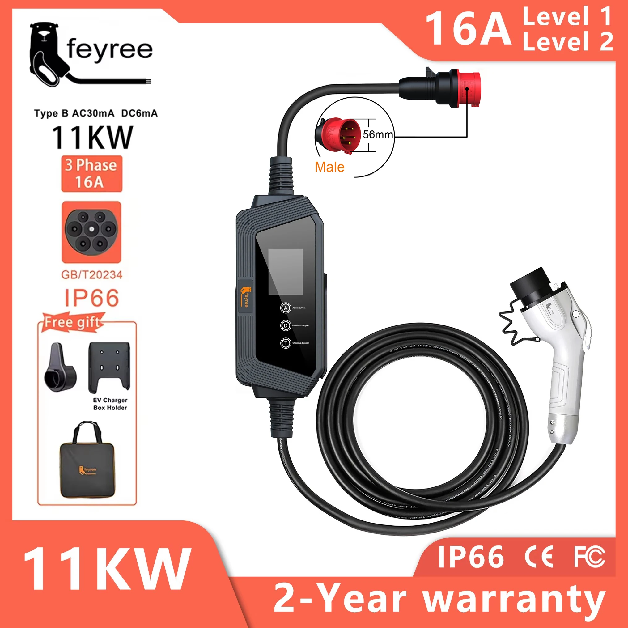 feyree Portable Charging GBT Socket 11KW 16A 3Phase EVSE EV Charger Box Adjust Current Set Delay Charging time for Electric Car