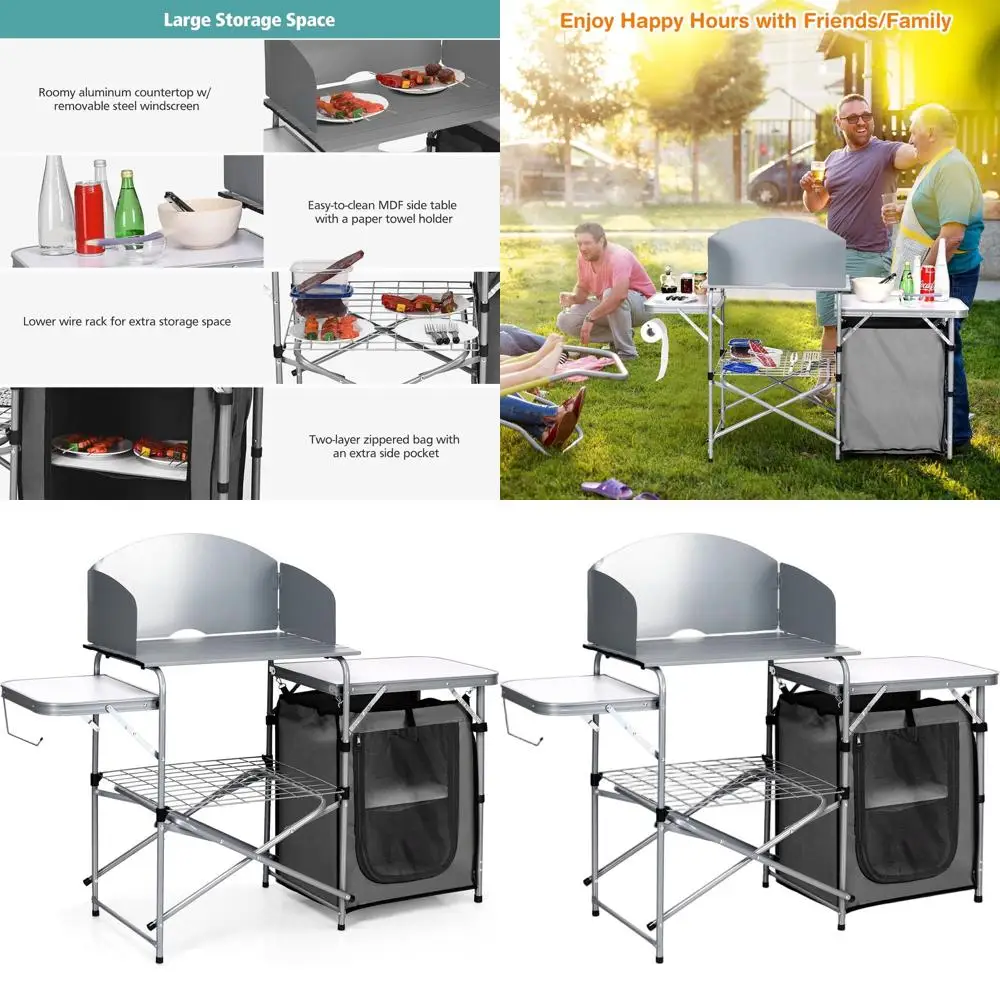 

Portable Outdoor Camping Kitchen Table with Grill, Wind Shield, Storage Shelves, and Carry Bag