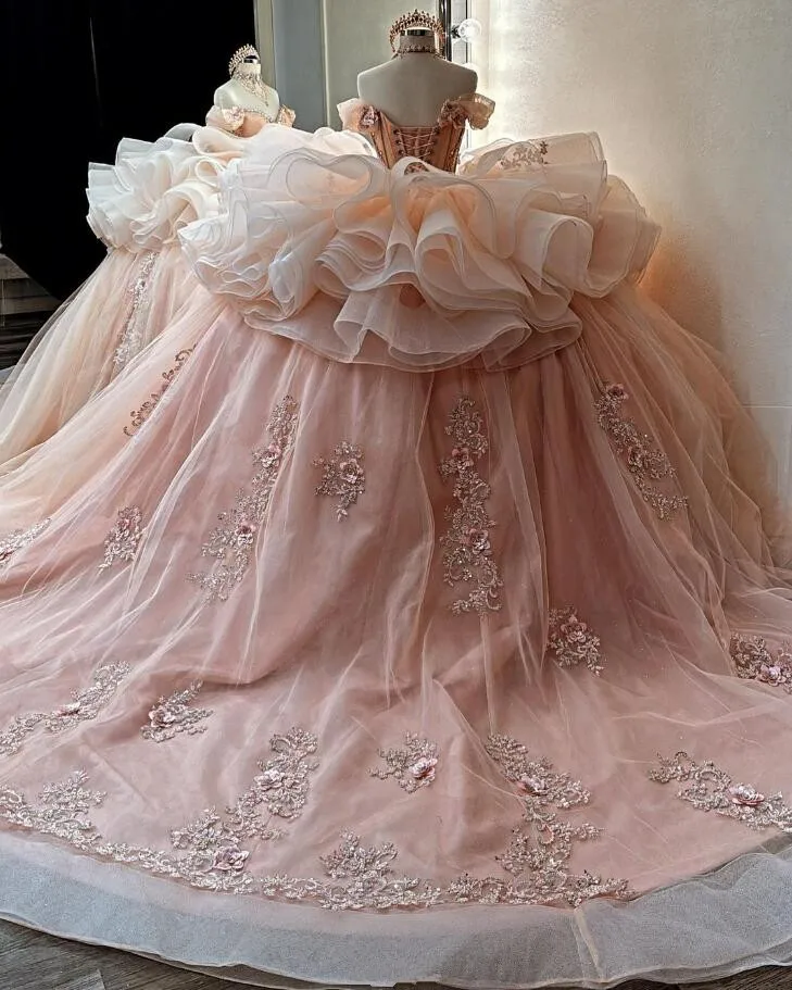 Peach Pink Sparkly Princess Quinceanera Dresses 2024 Ruffles Puffy Corset Boning Crystal vestidos de 15 años Sweet 16 Prom Gown