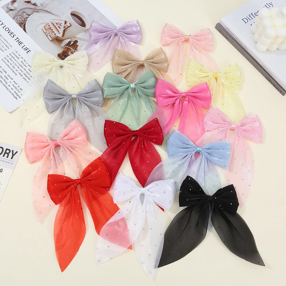 

5/11PCS Fashionable and High-end Handmade Pearlescent Yarn Rhinestone Transparent Tulle Bowknot Hair Clips