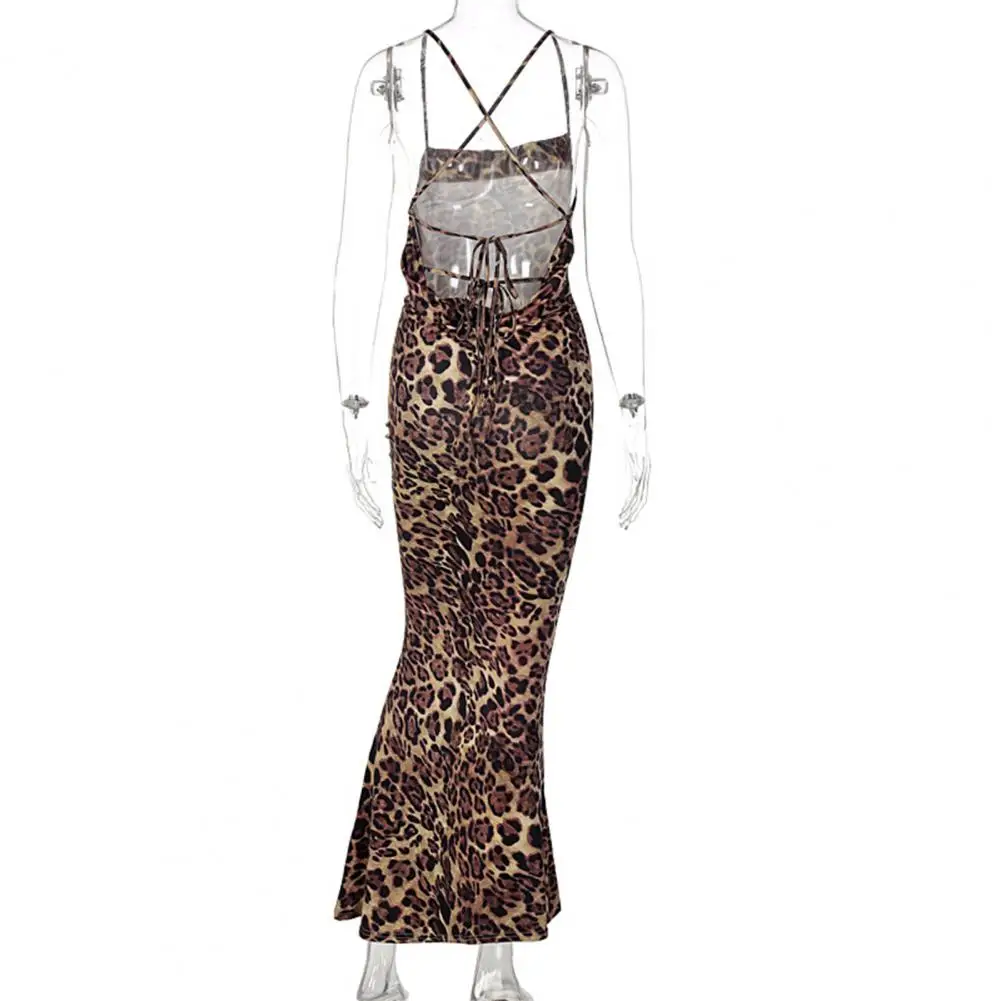 

Retro Style Dress Elegant Leopard Print Maxi Dress for Women Spaghetti Strap Backless Off Shoulder Party Prom Sundress Slim Fit