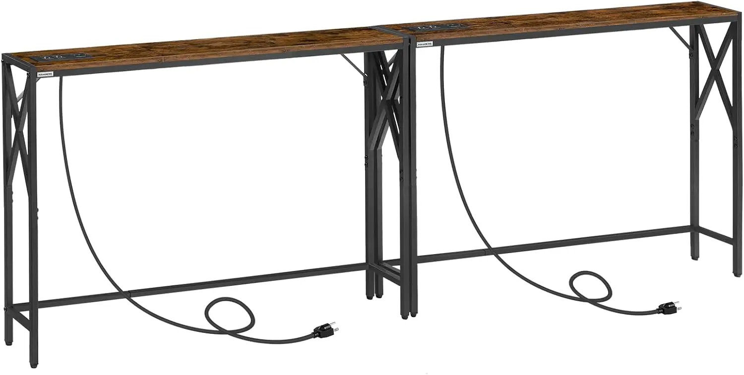 2 Pack Narrow Sofa Table with Charging Station, 39.4