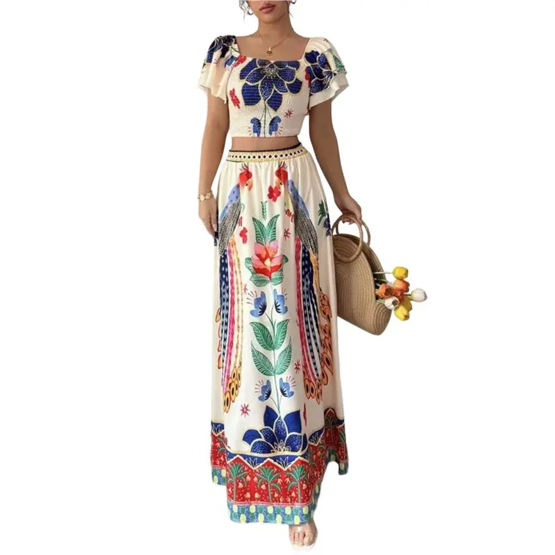 

CYL-Women Printed Skirt Outfits Floral Halter Crop Top A Line Maxi Skirt Casual Going Out Sets