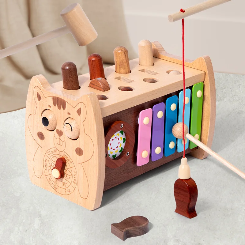 Children's Ground Mouse Press Music Toy Wooden Multi functional Playing Qin Parent Child Interactive Desktop Magnetic Fishing Ga