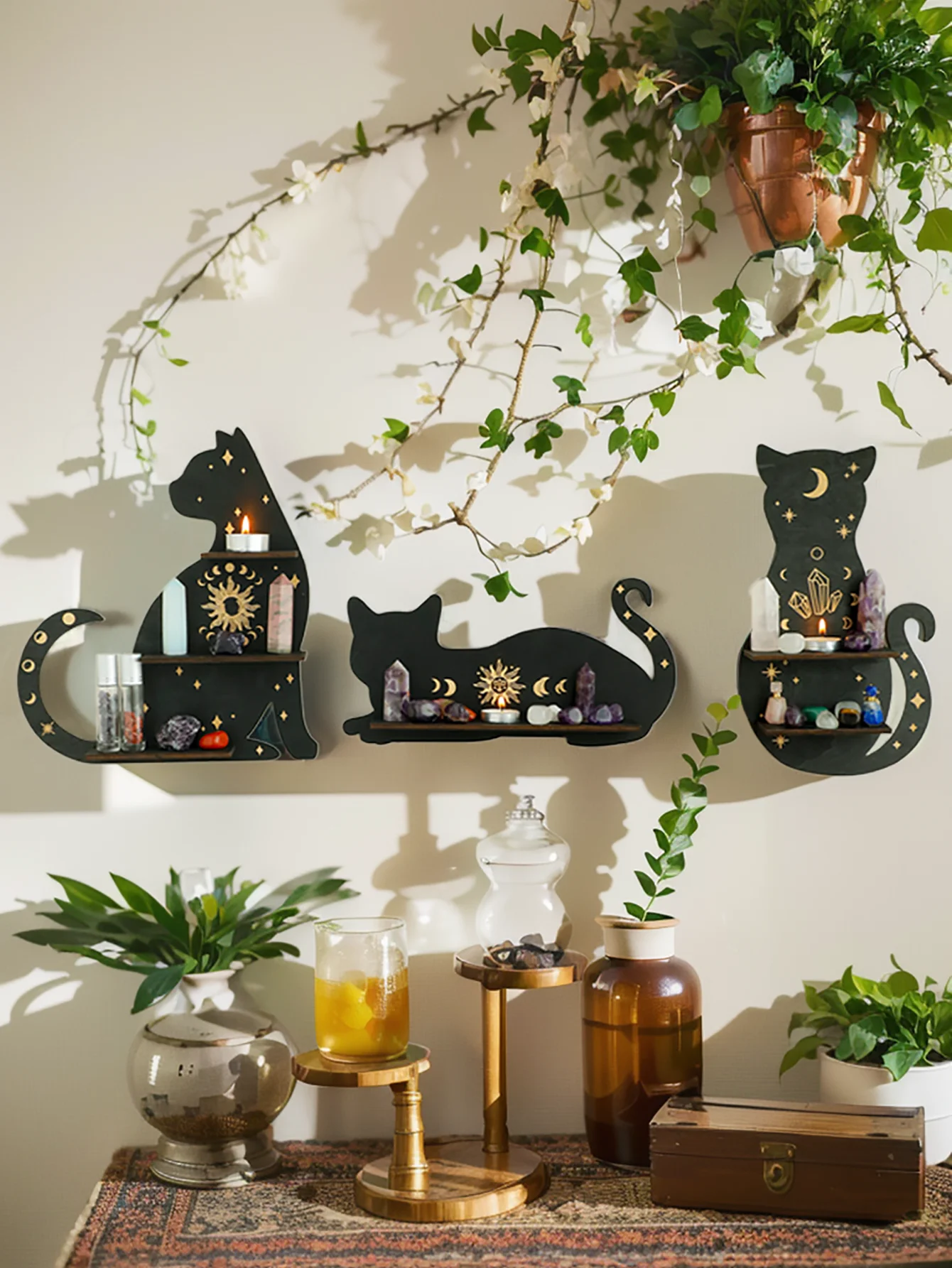 Sun Moon Star Black Cat Wooden Crystal Shelf Display Home Bedroom Living Room Wall Decor Display Shelf Boho Style Crafts Ledge