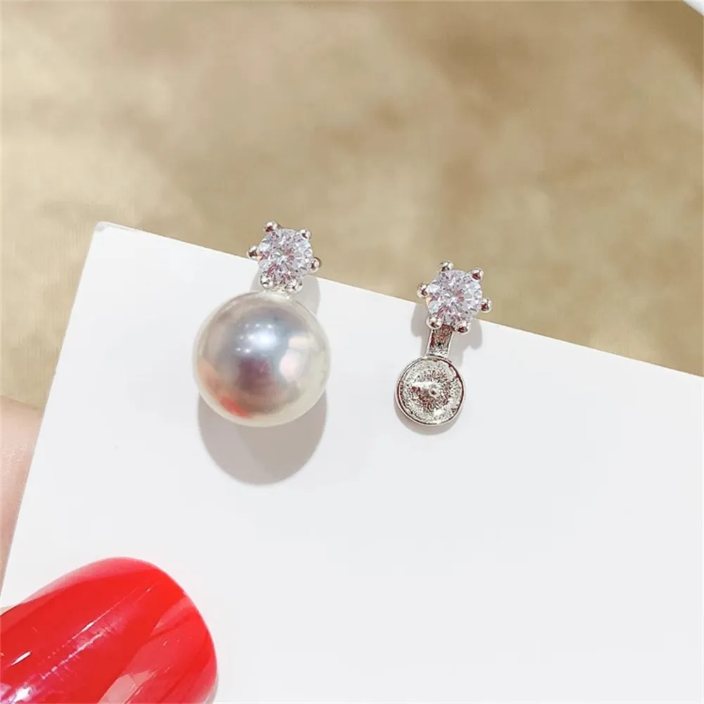 

DIY Pearl Accessories S925 Pure Silver Pearl Jade Ear Buckle Earrings with Empty Bracelet Single Diamond Fit 6-8mm Round Beads