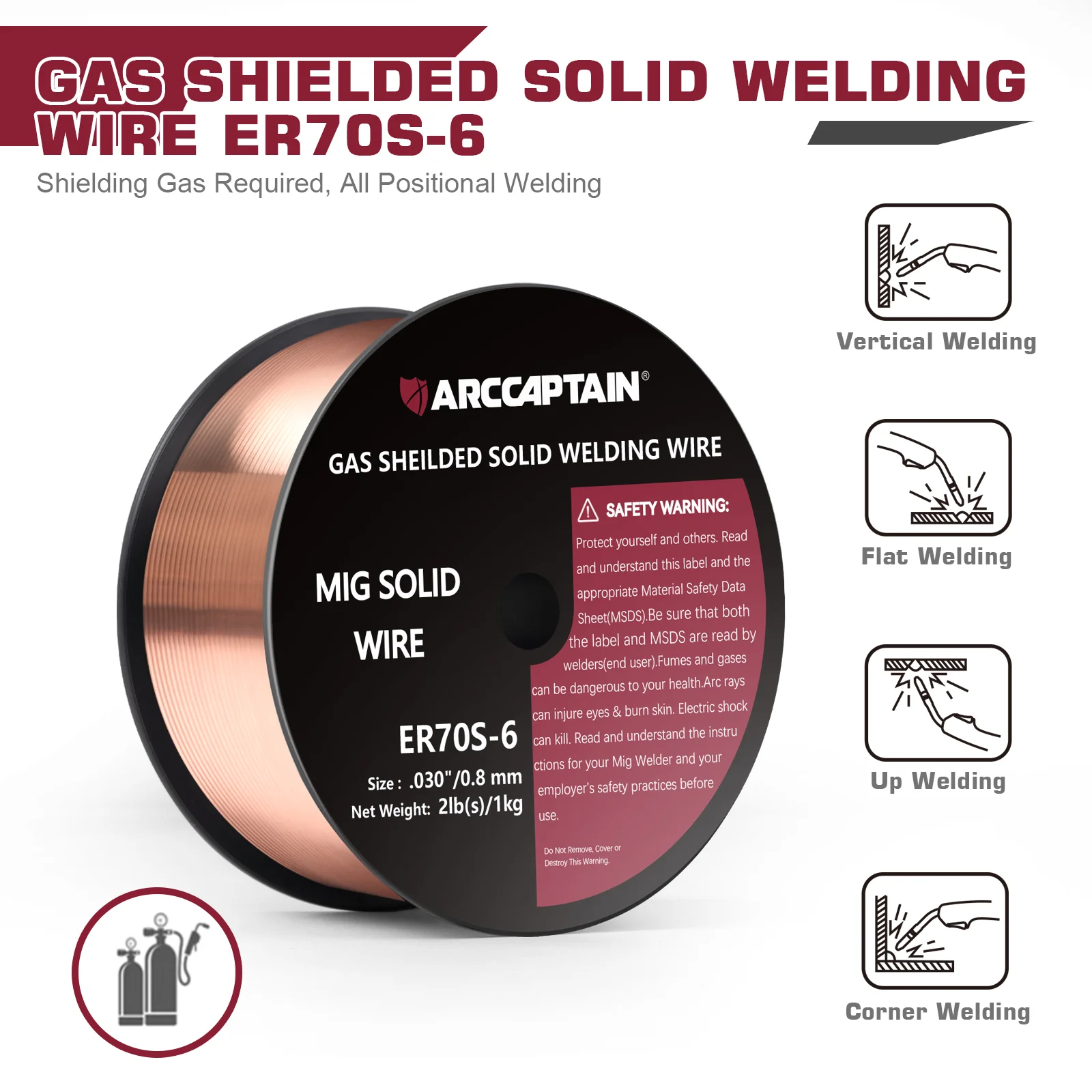 ARCCAPTAIN GAZ Shilded Solid MIG Welding Wire ER70S-6 0.8 0.9mm 1 Roll Solid Carbon Steel Low Splatter for MIG Welding Machine