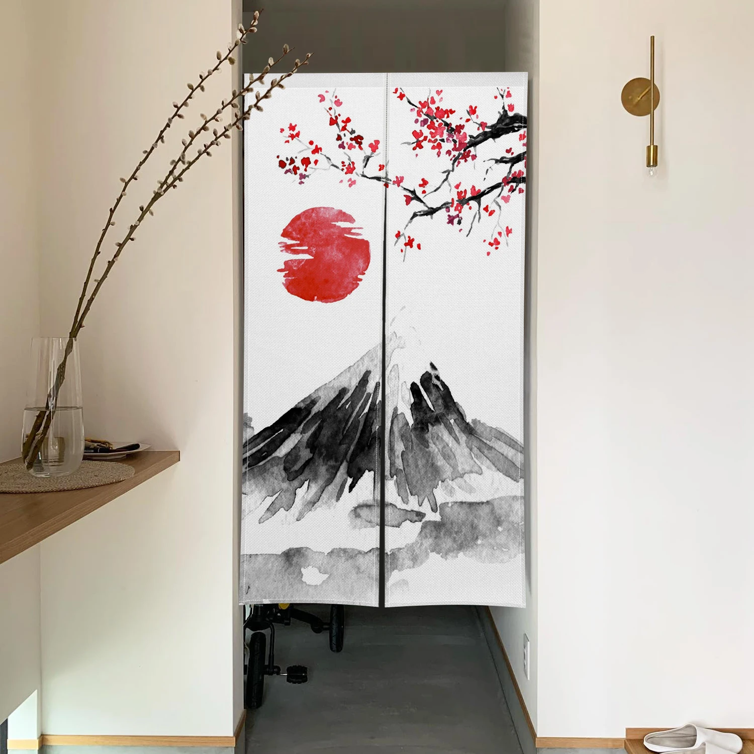 Japanese Door Curtain Red Sun Mount Fuji Ink Wash Plum Boat Design Japanese Chinese Zen Style for Tea Room Home Decor Partition