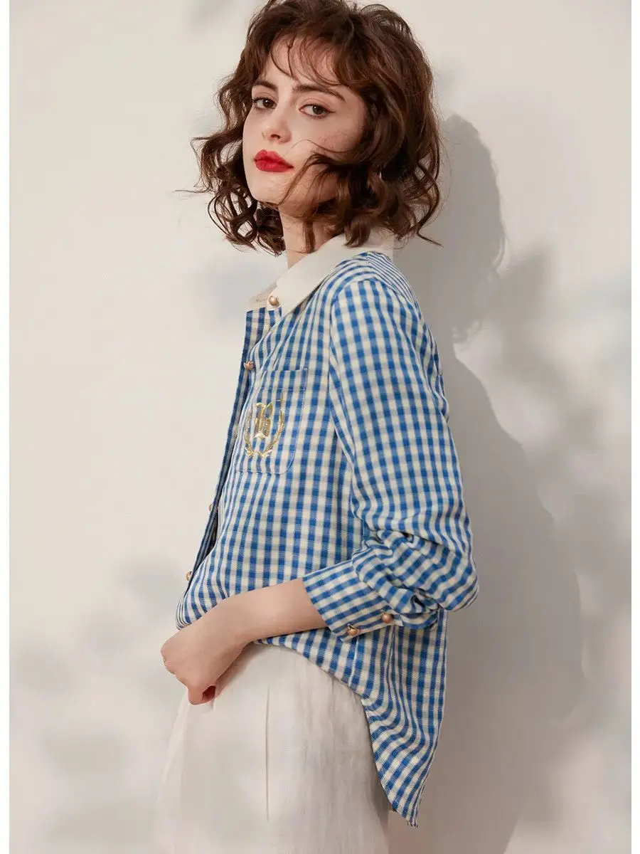 LOUIS YAO Women Plaid Shirt Turn Down Collar Long Sleeve 2024 Spring Summer Embroidery Blouse Loose Women\'s Top