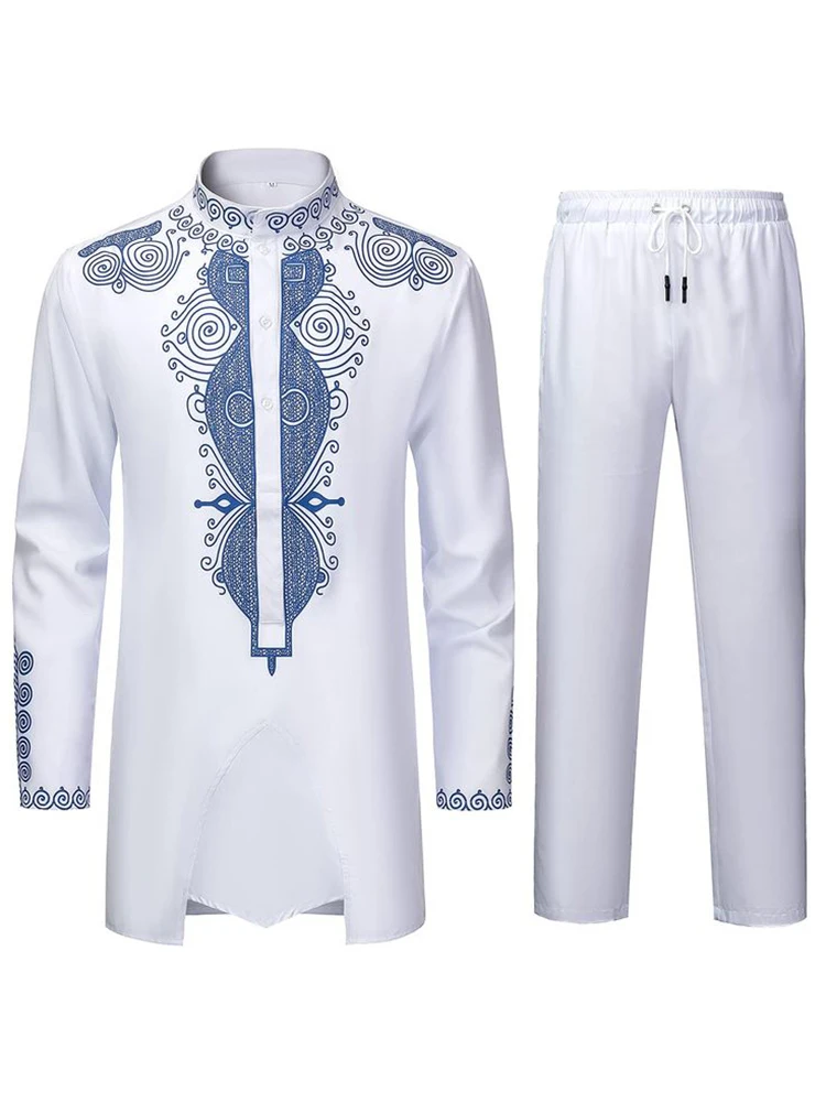 Muslim Robe Pattern 3D Printing Black White Yellow Navy Blue Long-Sleeved Trousers The Traditional Dress of Arab Men