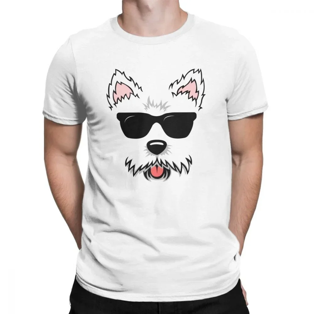 Novelty Cute West Highland White Terrier Dog Face With Sunglasses Westie Lovers Tshirt For Men Percent Cotton Crewneck T Shirt