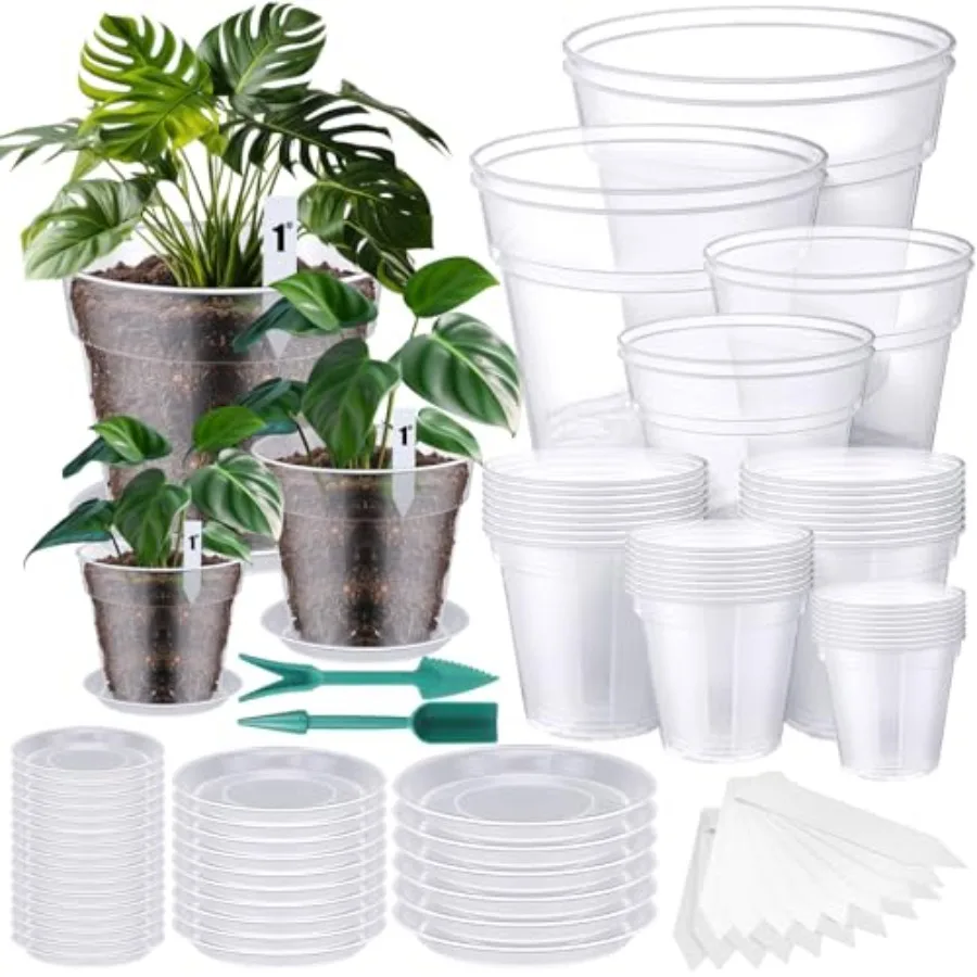 Nursery use: clear plastic pots 3-10 inch,white, with drainage holes, 40-pack + 32 trays + 40 labels + 2 tools