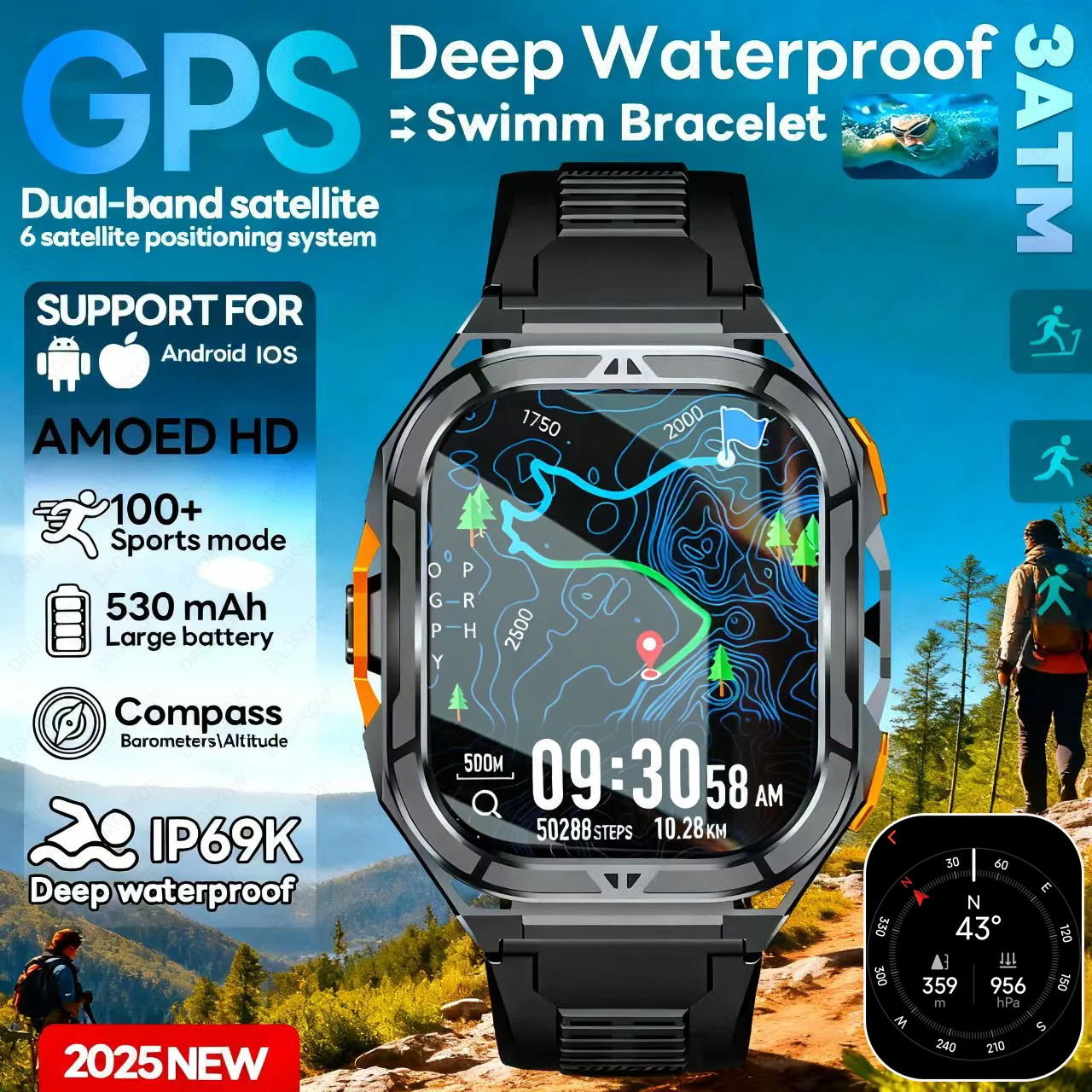 

New GPS Track Smart Watch Men 5ATM Waterproof 1.96"AMOLED Always Display Compass Heart Rate 530mAh Battery BT Call Smartwatch