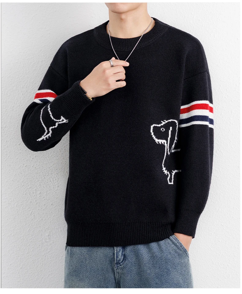 Luxus Marke Pullover Herren Herbst Winter Neue süße Welpen Druck Mode gestreifte Knopf Design Casual Warm Rund Stricken Sweater – Detail 13