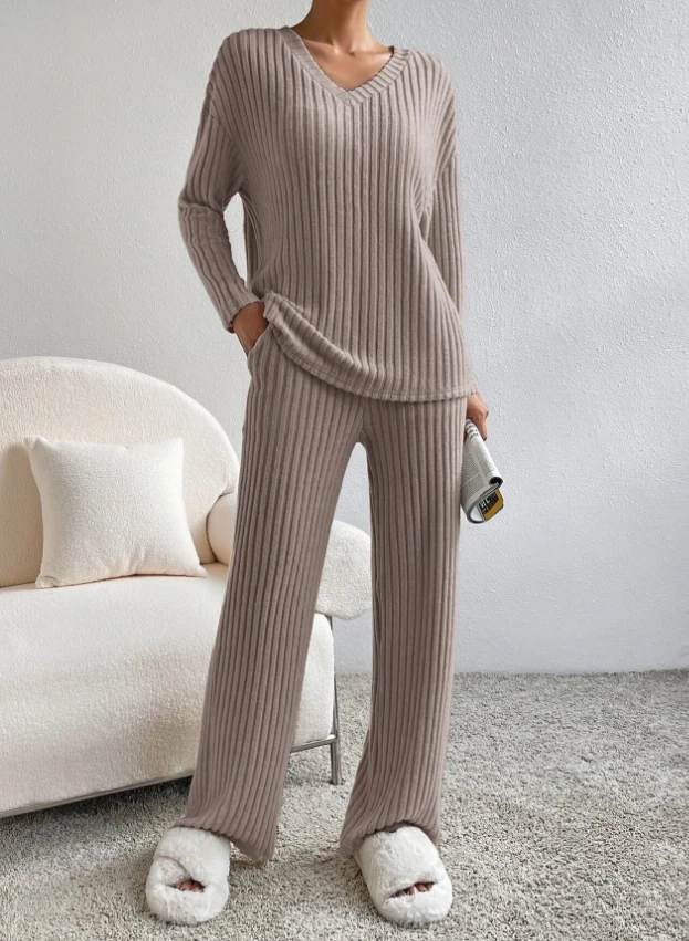 Two Piece Set Women Outfit 2023 Spring Fashion Knitted Solid V-Neck Long Sleeve Top & Casual Loose Pocket Straight Pants Set