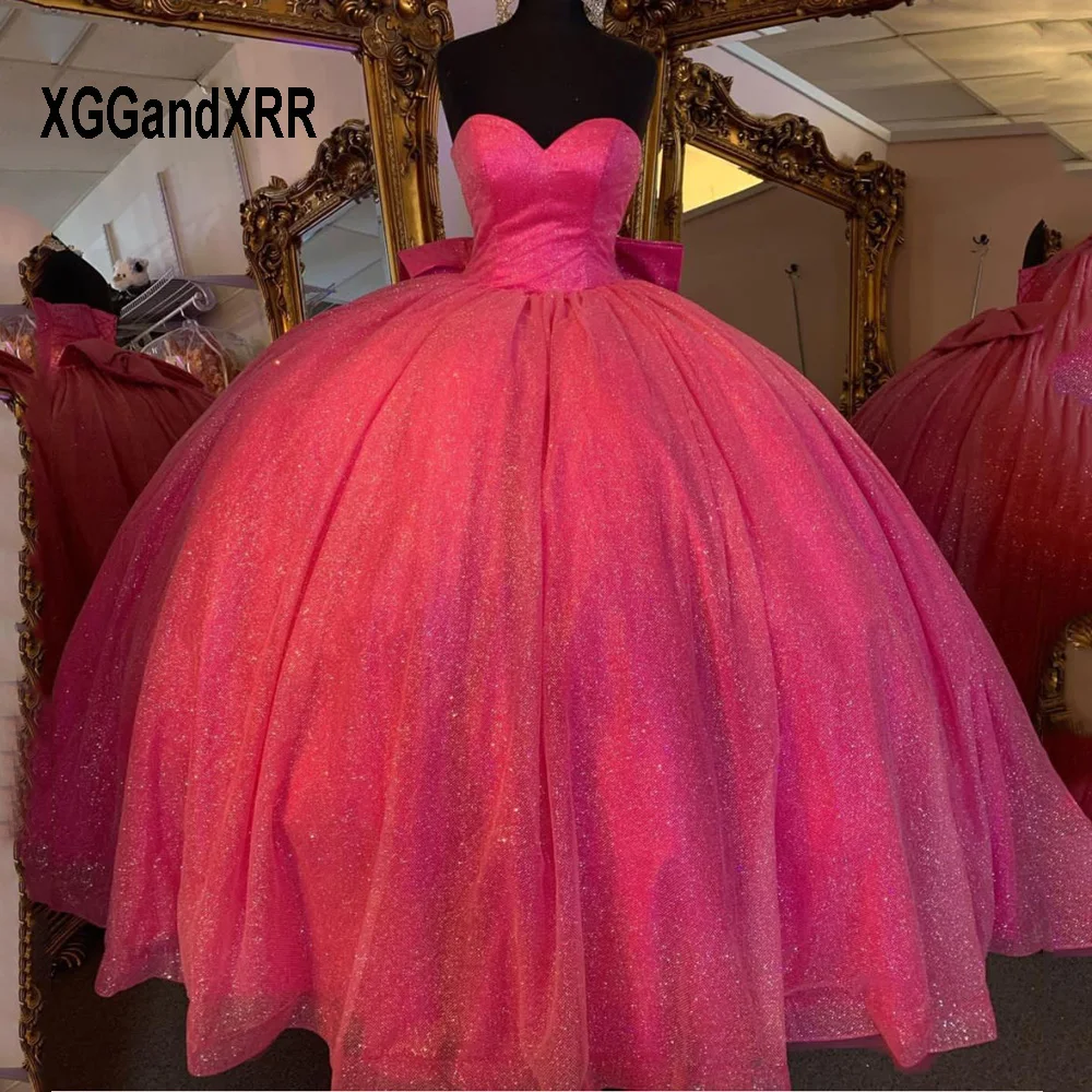 Gaun Fuchsia Quinceanrea asli 2023 gaun pesta dansa payet pita besar sayang elegan gaun pesta dansa gaun kontes Putri 15 16 manis