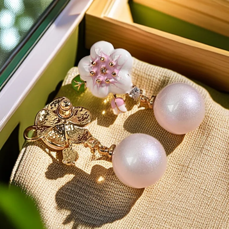 Retro Gentle Sense Pink White Flower Fake Pearl Handmade Dripping Glaze Stud Earrings for Women Earrings Light Luxury High-end