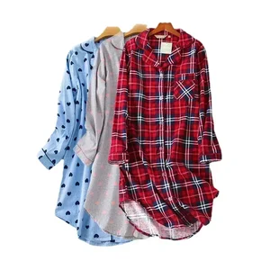 Flanela de algodão casa camisola cardigan camisa noite vestido bonito dos desenhos animados xadrez design sleepwear moda dormir camisa mulher 11 principais vendas dama da noite vestido - №7