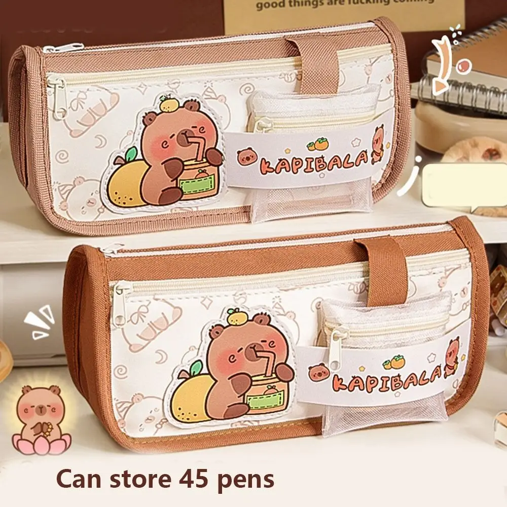 Kawaii Large-capacity Capybara Pencil Case Storage Box Canvas Capybara Pen Pouch Capibala Korean Style Cartoon Pen Bag Children
