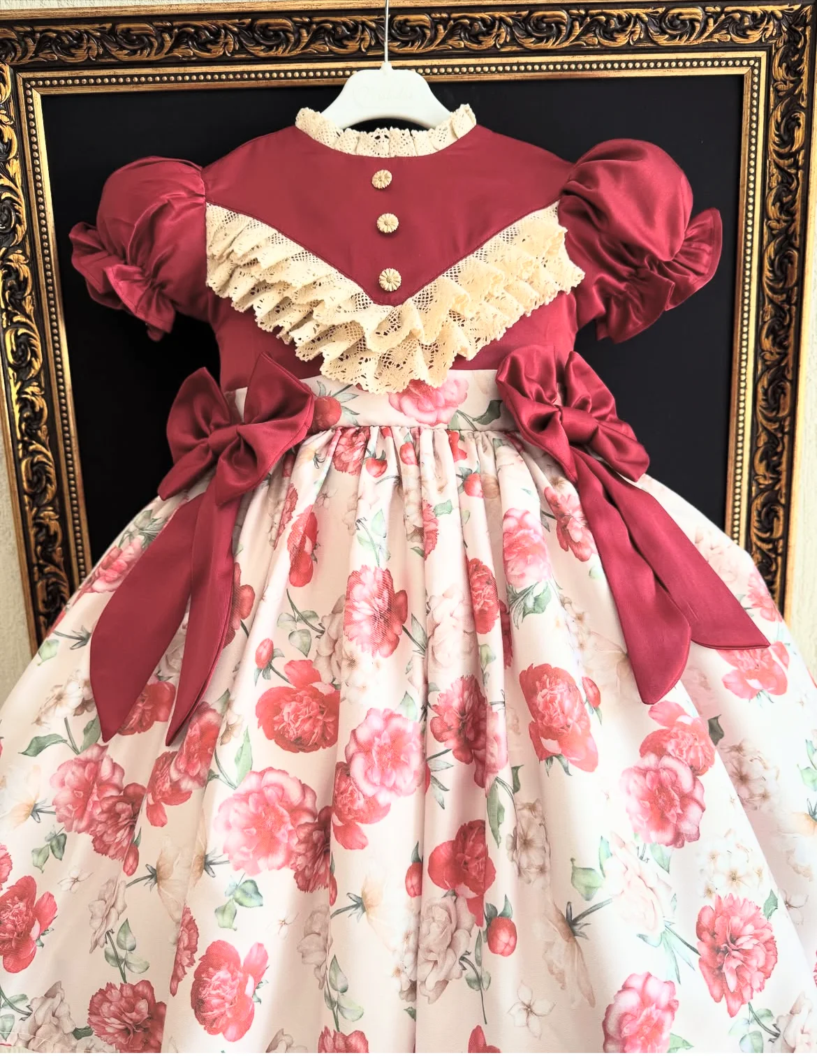 Baby Girl Summer Peony Flower Printed Dark Red Turkish Vintage Princess Dress for Birthday Holiday Eid Christmas B103