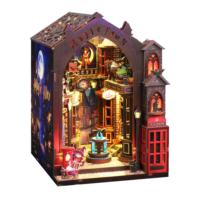 Miniature Book Nook Kit Magic Alley Wooden Dollhouse Diorama Model Building Bookshelf Bookend Home Decor Craft