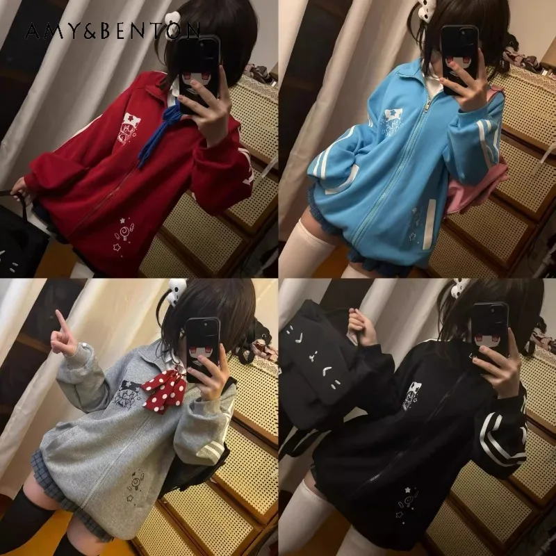 

Japanese Y2k Animation Cute Cartoon Print Stand-up Collar Yabi Culture Autumn and Winter Long-sleeved Jacket Zipper Top Women