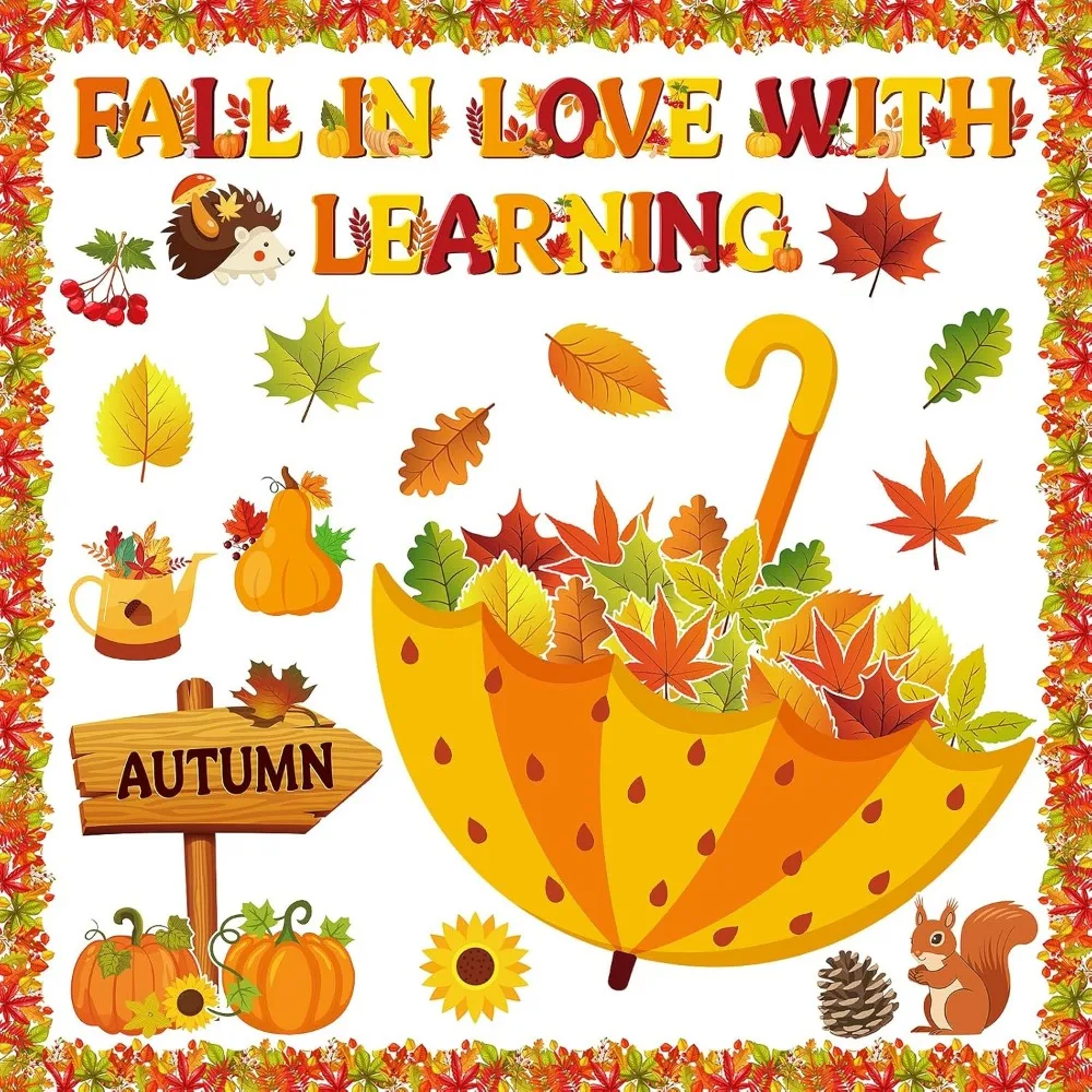 سقوط زخارف لوحة الإعلانات تقع في الحب مع لوحة الإعلانات التعلم مجموعة الخريف أوراق القيقب مظلة اليقطين القواطع ل c