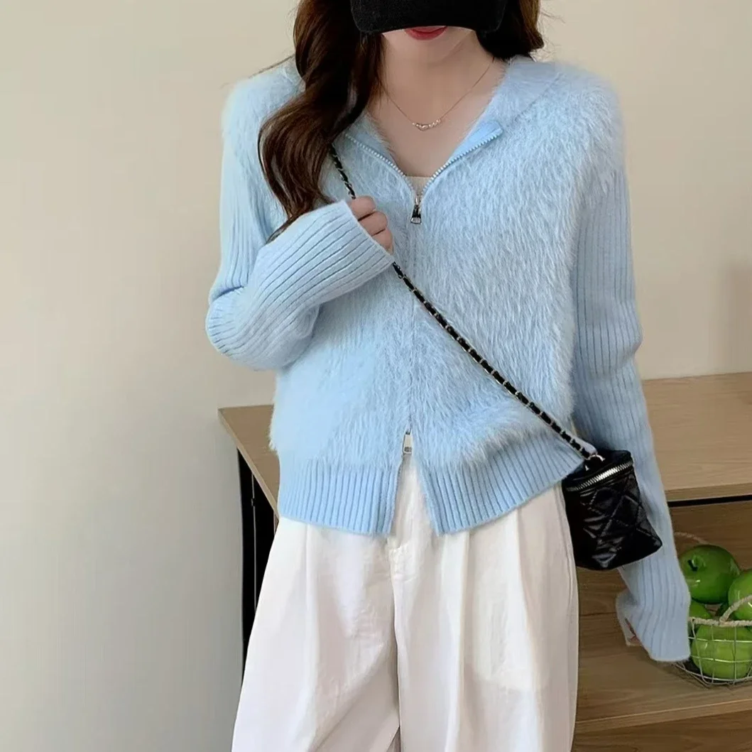 Women's Zip-Up Sweater Fuzzy Knitted Hooded Cardigan Long Sleeve Crop Knit Jacket with Hood Knitwear Fall Winter Casual Outfit