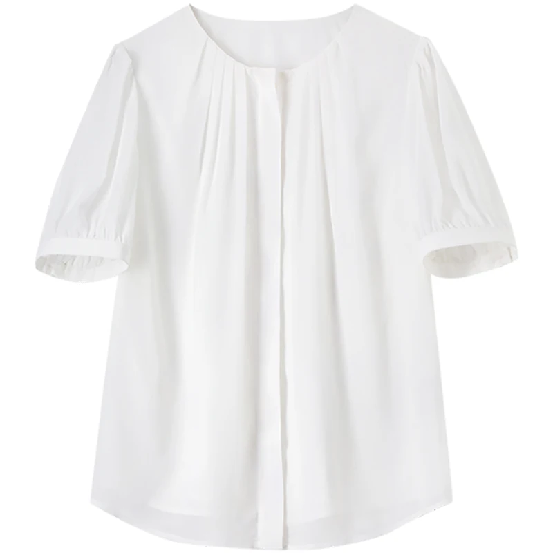 Sentubila chiffon camisa branca plissada em torno do pescoço blusa de botão cônico 2025 elegante casual verão manga curta topos q52va1868