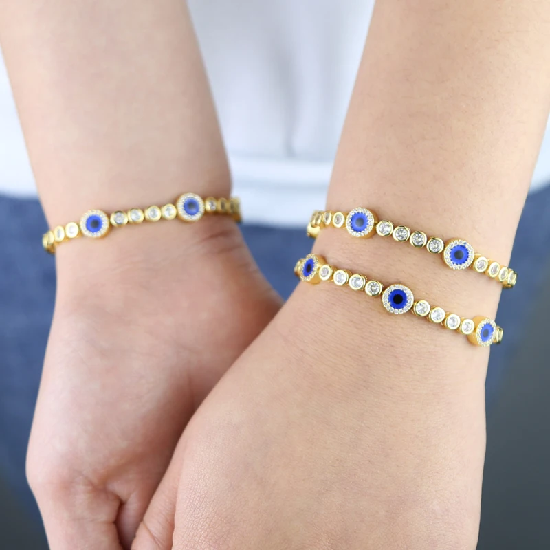 Gold Plated Round Bezel Set Tennis Chain Lucky Turkish Evil Eye Charm High Quality Sparking CZ Bracelet