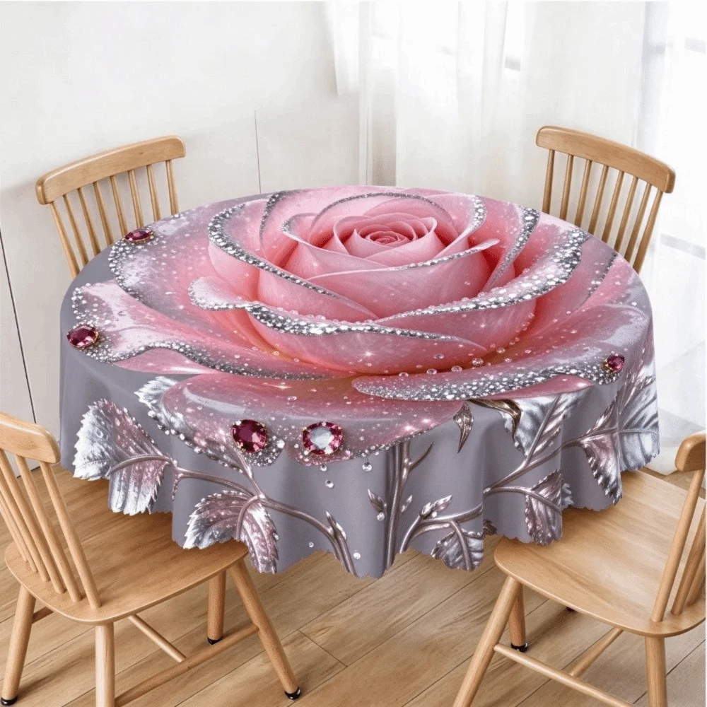 New Pink Rose Round Tablecloth Flower Print 3D Rose Rose Table Cover Elegant Style Lace Edge Floral Tablecloth Table Overlay