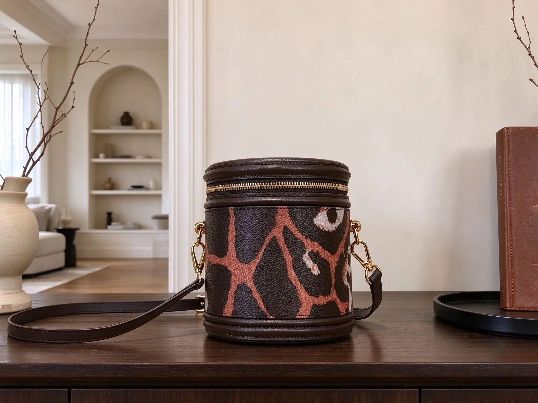 Unisex Giraffe Print Cylinder Crossbody Bucket Bag Faux Leather Zipper Closure Detachable Adjustable Shoulder Strap Casual Mini Barrel Purse