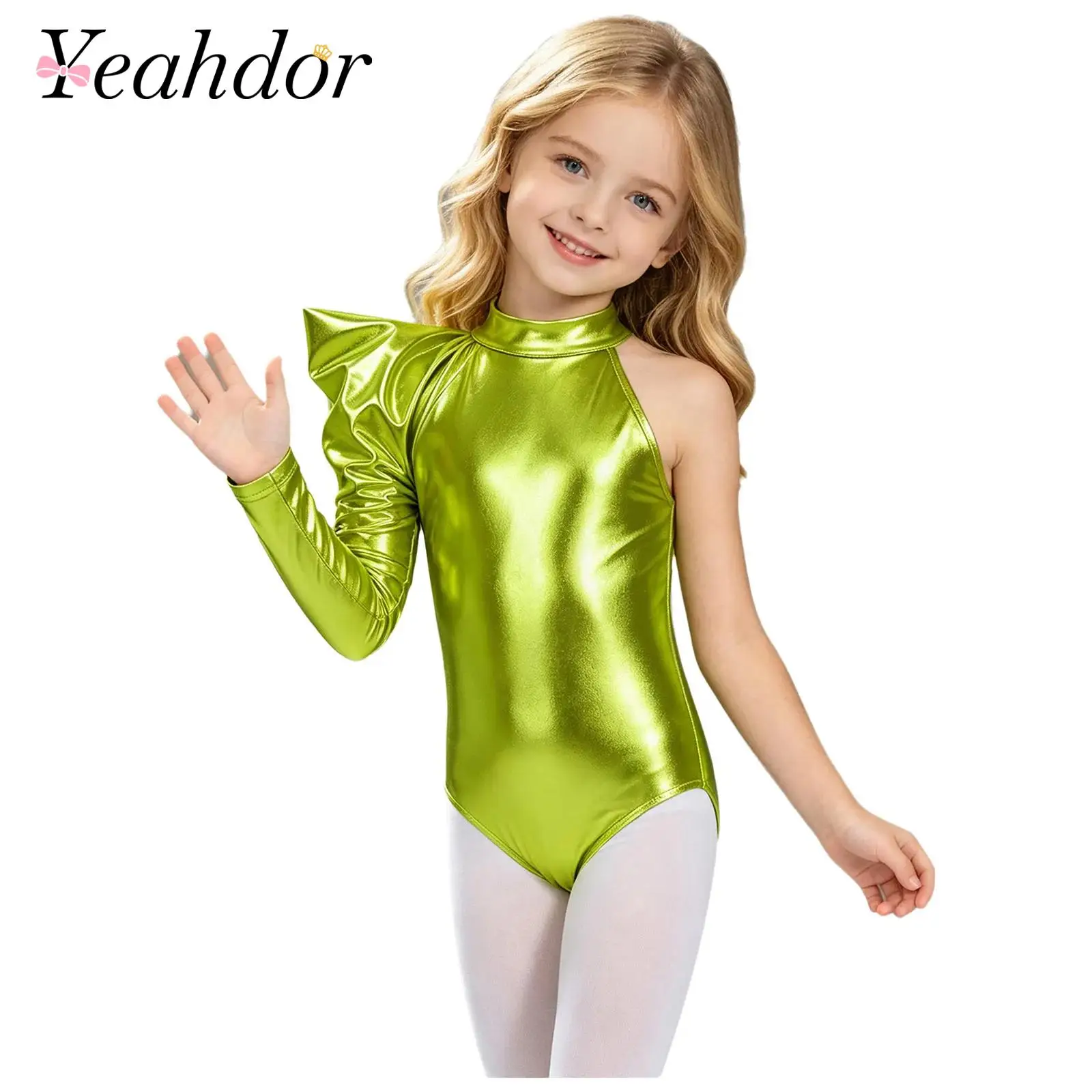 Kids Girls Bodysuit Alien Costume Asymmetrical Metallic Bodysuits Long Sleeve One Shoulder Leotard for Halloween Theme Party