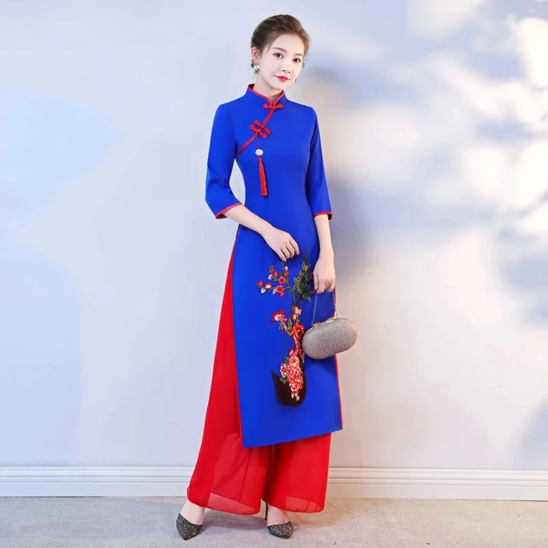 

2026 Vietnam Ao Dai Cheongsam Traditional Oriental Dress Set Improved Vietnam Aodai Qipao Wide Leg Pants Two Piece Suit