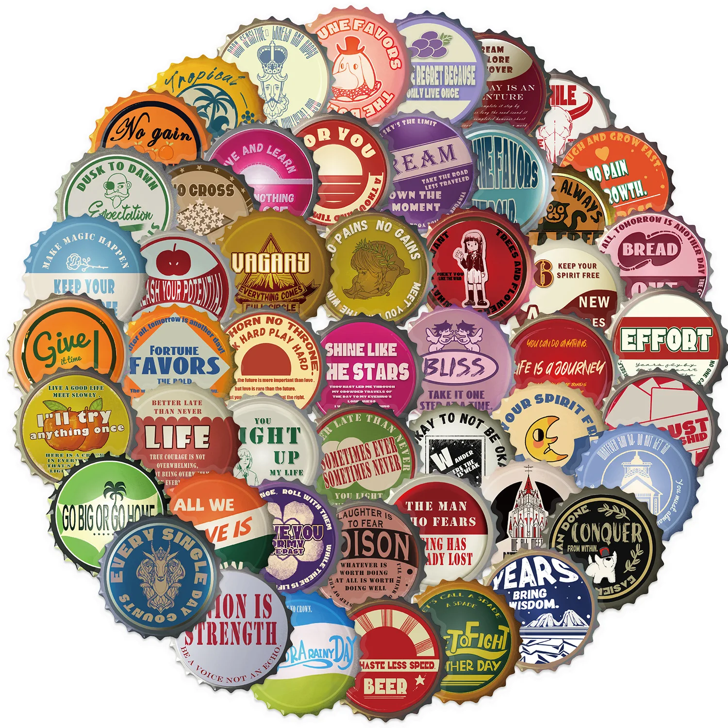 

50PCS Retro Bottle Cap Circular Stickers DIY Mobile Guitar Laptop Suitcase Water Bottle Waterproof Stickers