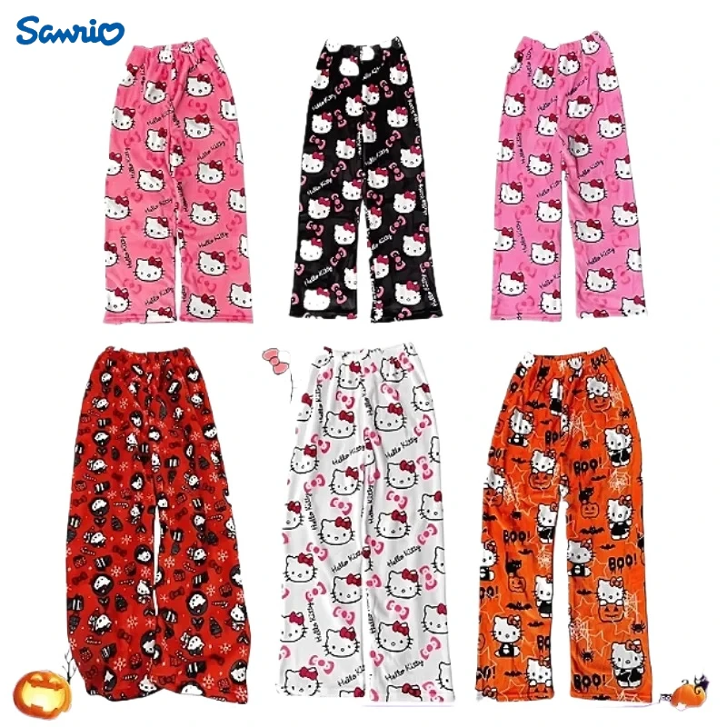 Sanrio Hello Kitty Fashionable Flannel Pajama Pants Cute Cartoon Girl New Fleece in Autumn and Winter To Keep Warm Lounge Slacks